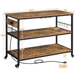 Yaheetech Kitchen Island with Power Outlet, Rolling Kitchen Cart with Wine Rack & Glass Holder & Hooks, Coffee Bar Microwave Stand Wine Rack Table for Dining Room, 47.5" W x 24" D, Rustic Brown