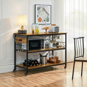 Yaheetech Kitchen Island with Power Outlet, Rolling Kitchen Cart with Wine Rack & Glass Holder & Hooks, Coffee Bar Microwave Stand Wine Rack Table for Dining Room, 47.5" W x 24" D, Rustic Brown