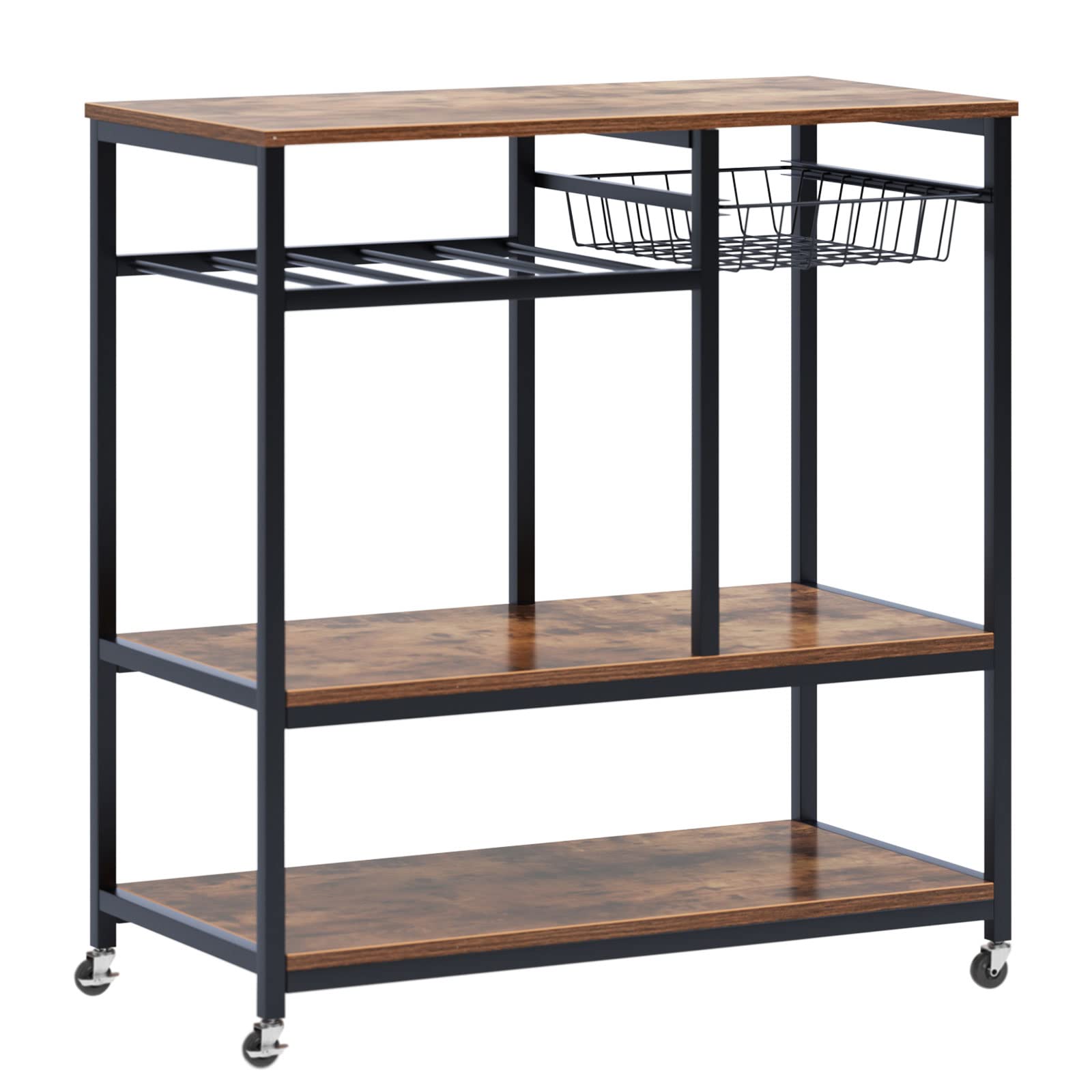 SogesHome 4-Tier Bar Cart Storage Cart, Utility Bar Serving Cart Kitchen Island Rolling Cart on Wheels with Shelves for Living Room, Office, Coffee