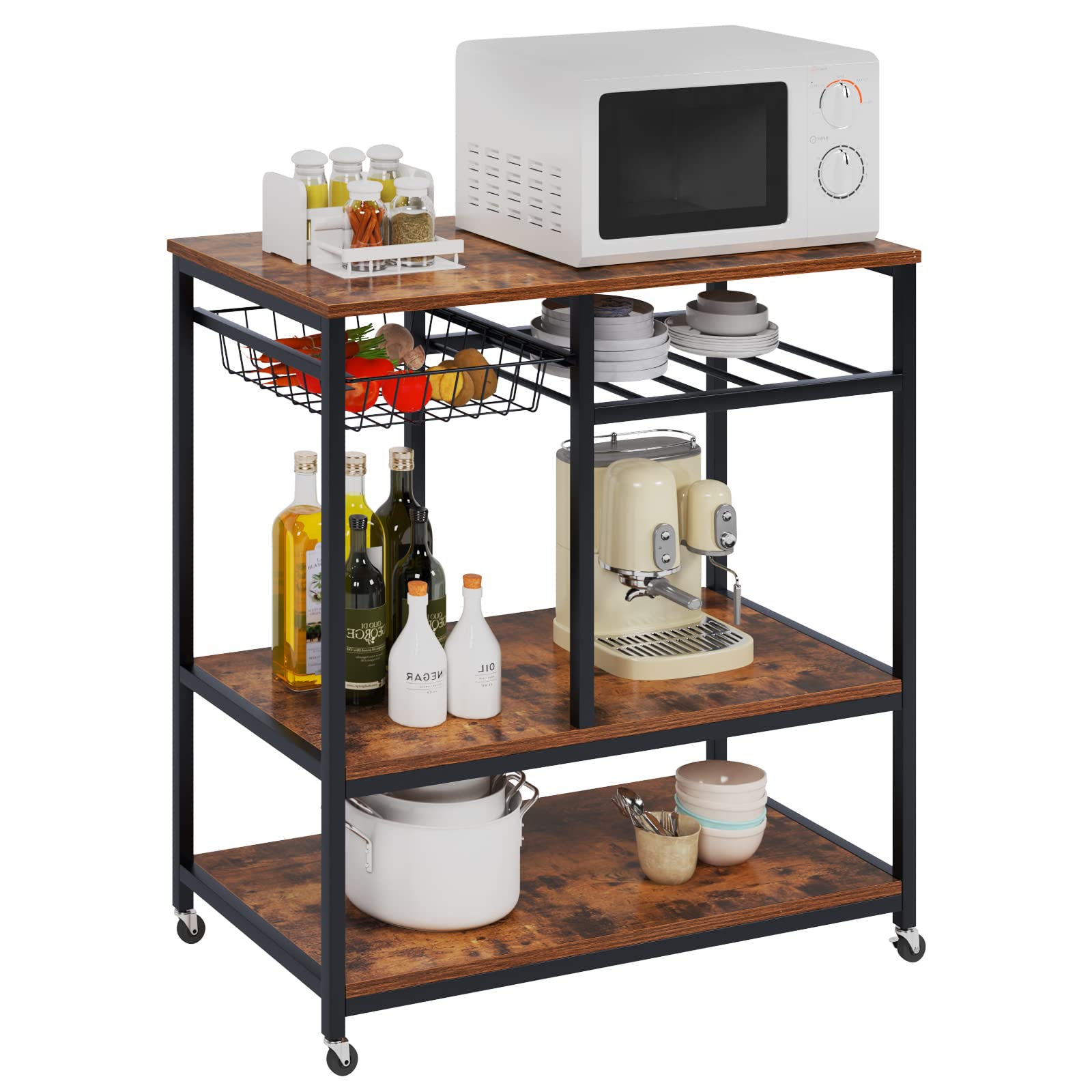 SogesHome 4-Tier Bar Cart Storage Cart, Utility Bar Serving Cart Kitchen Island Rolling Cart on Wheels with Shelves for Living Room, Office, Coffee