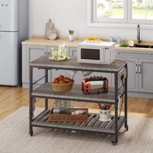 Yaheetech Kitchen Cart with Power Outlet, Rolling Kitchen Island on Wheels with Glass Holder & Hooks, Utility Trolley Cart Coffee Bar Microwave Stand Cart with Lockable Casters, Taupe Wood