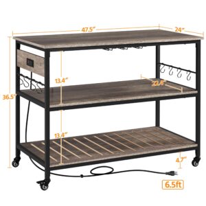 Yaheetech Kitchen Cart with Power Outlet, Rolling Kitchen Island on Wheels with Glass Holder & Hooks, Utility Trolley Cart Coffee Bar Microwave Stand Cart with Lockable Casters, Taupe Wood