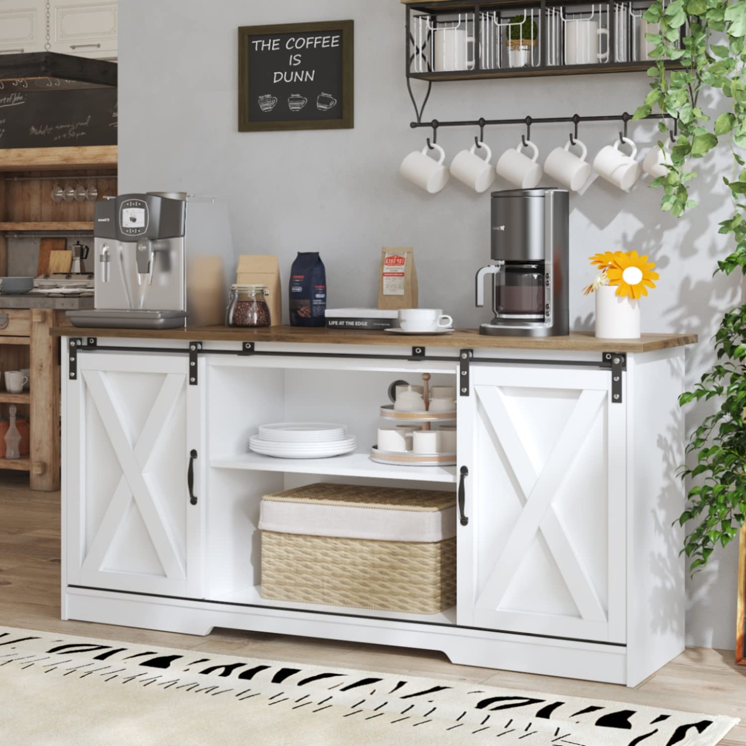 Farmhouse Coffee Bar Cabinet with Storage, 59” Kitchen Buffet Storage Cabinet with Sliding Barn Door, White Coffee Bar Table with Storage Shelf for Dining Living Room