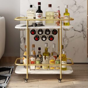 BENOSS Gold Bar Cart on Wheels, Home Bar Serving Carts, Modern Marbled Pattern Wine Cart with Glass Holder Wine Rack, Coffee Tea Drink Trolley, Beverage Bar Cart for the Home Kitchen Living Room Party