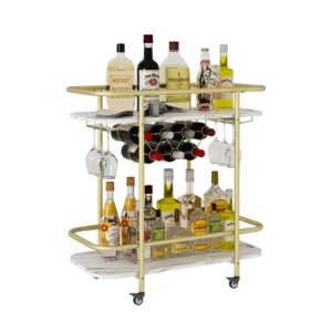 BENOSS Gold Bar Cart on Wheels, Home Bar Serving Carts, Modern Marbled Pattern Wine Cart with Glass Holder Wine Rack, Coffee Tea Drink Trolley, Beverage Bar Cart for the Home Kitchen Living Room Party