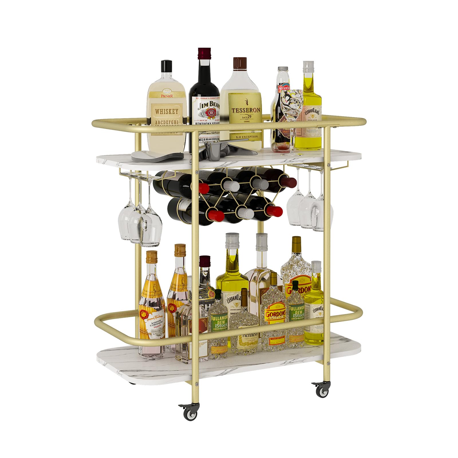 BENOSS Gold Bar Cart on Wheels, Home Bar Serving Carts, Modern Marbled Pattern Wine Cart with Glass Holder Wine Rack, Coffee Tea Drink Trolley, Beverage Bar Cart for the Home Kitchen Living Room Party