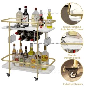 BENOSS Gold Bar Cart on Wheels, Home Bar Serving Carts, Modern Marbled Pattern Wine Cart with Glass Holder Wine Rack, Coffee Tea Drink Trolley, Beverage Bar Cart for the Home Kitchen Living Room Party