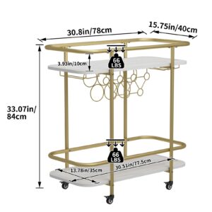 BENOSS Gold Bar Cart on Wheels, Home Bar Serving Carts, Modern Marbled Pattern Wine Cart with Glass Holder Wine Rack, Coffee Tea Drink Trolley, Beverage Bar Cart for the Home Kitchen Living Room Party