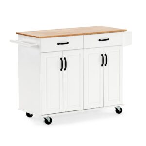 vingli kitchen island cart with storage on wheels white rolling coffee bar trolley buffet cabinet with 4 doors and 2 drawers, towel handle, spice rack, solid wood top, lockable castors