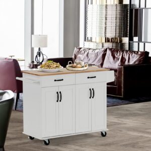 VINGLI Kitchen Island Cart with Storage on Wheels White Rolling Coffee Bar Trolley Buffet Cabinet with 4 Doors and 2 Drawers, Towel Handle, Spice Rack, Solid Wood Top, Lockable Castors