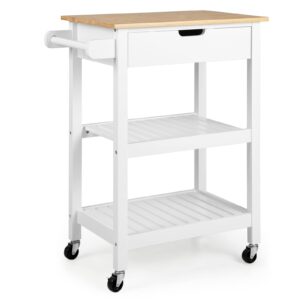 giantex kitchen island cart with storage, rolling bamboo kitchen cart on wheels, w/pull-out drawer, towel handle, 2 open shelves, mobile coffee bar cart for dining room living room (white & beige)