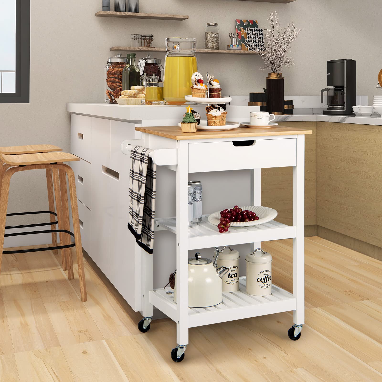 Giantex Kitchen Island Cart with Storage, Rolling Bamboo Kitchen Cart on Wheels, w/Pull-Out Drawer, Towel Handle, 2 Open Shelves, Mobile Coffee Bar Cart for Dining Room Living Room (White & Beige)