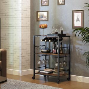 YATINEY Bar Cart, 3-Tier Serving Cart, Kitchen Cart with Wine Rack, 22.4" L x 12.9" W x 32.3" H, Microwave Cart with 6 Hooks, Beverage Cart for Kitchen, Living Room, Rustic Brown and Black BC02BR