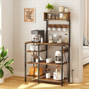 HOOBRO Bakers Rack with Power Outlet, 35.4 Inches Microwave Stand with 4 Hooks, 6 Tiers Kitchen Storage Shelf Rack, Coffee Bar Table, Rustic Brown and Black BF10UHB01