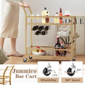 JUMMICO Bar Cart Industrial Home Mobile Wine Cart Serving Bar Cart on Wheels with Storage Shelves Wine Rack and Glass Holder for Living Room, Kitchen, Corridor, Hallway,Gold