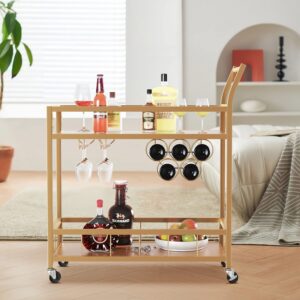 JUMMICO Bar Cart Industrial Home Mobile Wine Cart Serving Bar Cart on Wheels with Storage Shelves Wine Rack and Glass Holder for Living Room, Kitchen, Corridor, Hallway,Gold