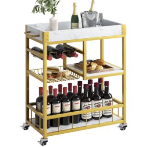 aboxoo Bar Cart 3 Tiers Removable Storage Tray with Wine Rack & Basket Tier,Rolling Beverage Cart,Mobile Bar Serving Cart with Handle, White Marble Wood and Gold Frame Home Kitchen Shelf for Party