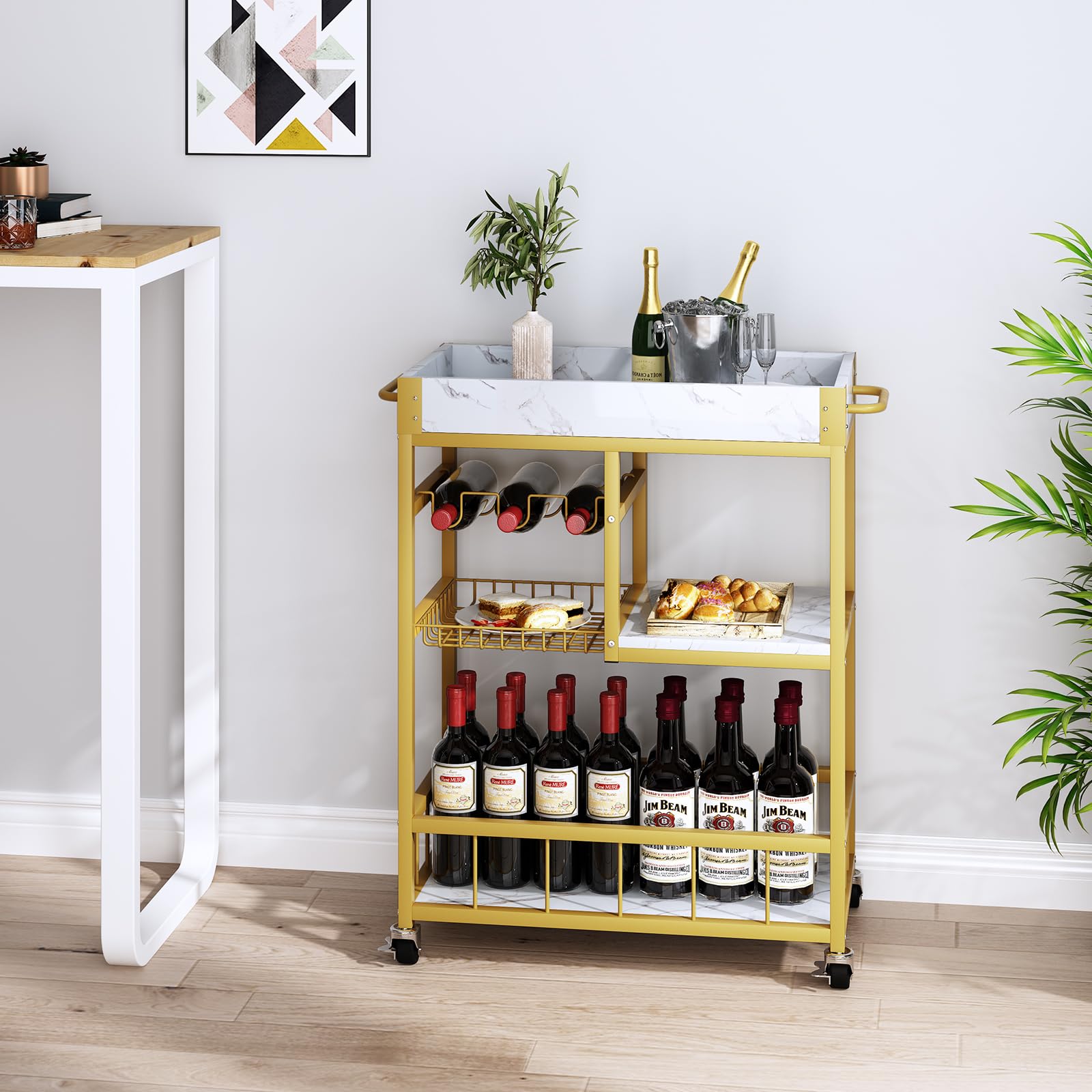 aboxoo Bar Cart 3 Tiers Removable Storage Tray with Wine Rack & Basket Tier,Rolling Beverage Cart,Mobile Bar Serving Cart with Handle, White Marble Wood and Gold Frame Home Kitchen Shelf for Party