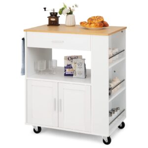 giantex kitchen island on wheels, rolling trolley cart with 3 spice racks, 2-door cabinet, storage drawer, open shelf, kitchen serving cart for dining room bar (white)