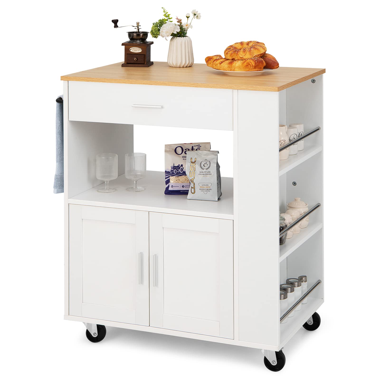 Giantex Kitchen Island on Wheels, Rolling Trolley Cart with 3 Spice Racks, 2-Door Cabinet, Storage Drawer, Open Shelf, Kitchen Serving Cart for Dining Room Bar (White)