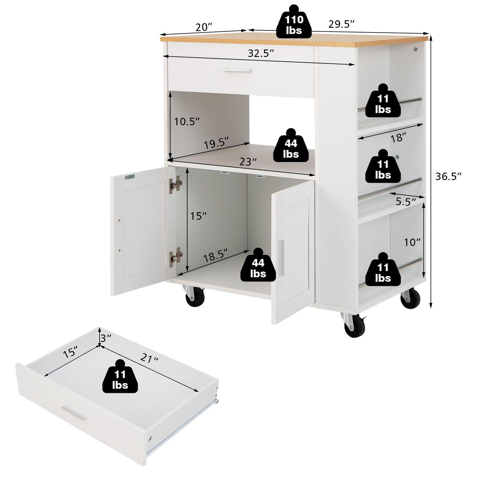 Giantex Kitchen Island on Wheels, Rolling Trolley Cart with 3 Spice Racks, 2-Door Cabinet, Storage Drawer, Open Shelf, Kitchen Serving Cart for Dining Room Bar (White)