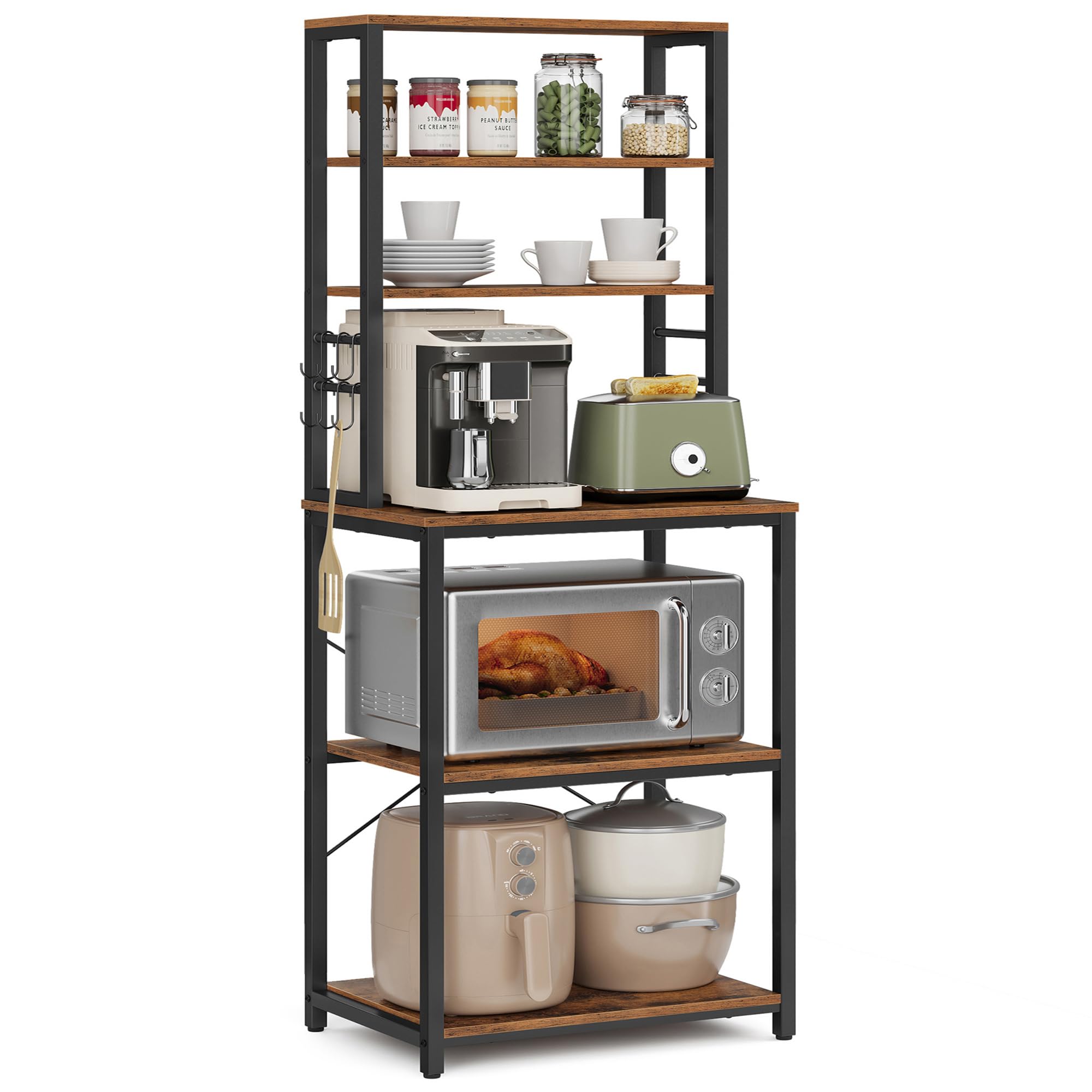 VASAGLE Coffee Bar, Baker’s Rack for Kitchen with Storage, 6-Tier Kitchen Shelves with 6 Hooks, Microwave Stand, Industrial, 15.7 x 23.6 x 65.7 Inches, Rustic Brown and Black UKKS024B01