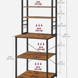 VASAGLE Coffee Bar, Baker’s Rack for Kitchen with Storage, 6-Tier Kitchen Shelves with 6 Hooks, Microwave Stand, Industrial, 15.7 x 23.6 x 65.7 Inches, Rustic Brown and Black UKKS024B01