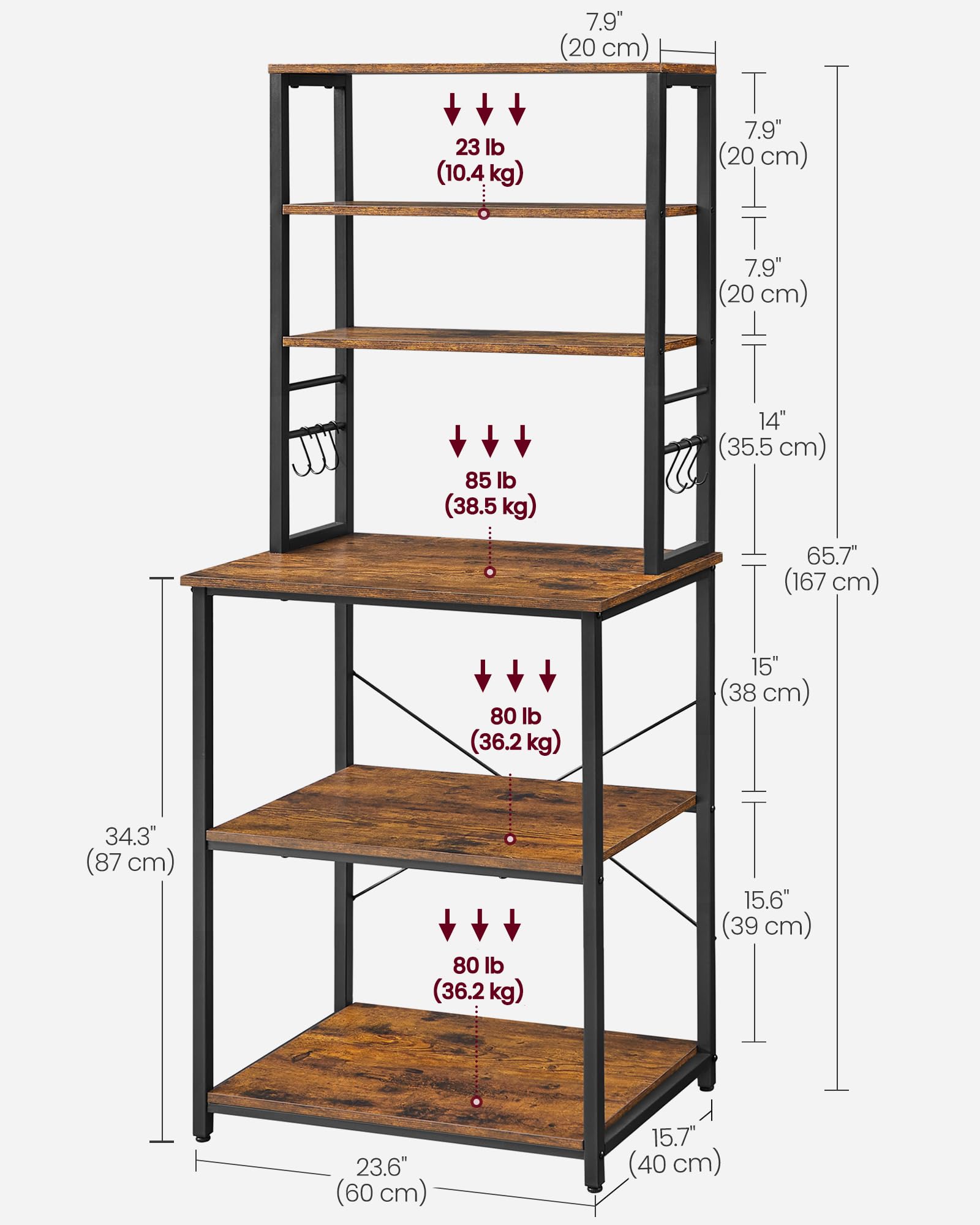 VASAGLE Coffee Bar, Baker’s Rack for Kitchen with Storage, 6-Tier Kitchen Shelves with 6 Hooks, Microwave Stand, Industrial, 15.7 x 23.6 x 65.7 Inches, Rustic Brown and Black UKKS024B01