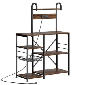 jamfly bakers rack with power outlet, microwave stand, kitchen storage shelf with 6 hooks, coffee bar station with wire basket, 6 tier kitchen rack for living room, spice, pots and pans organizer