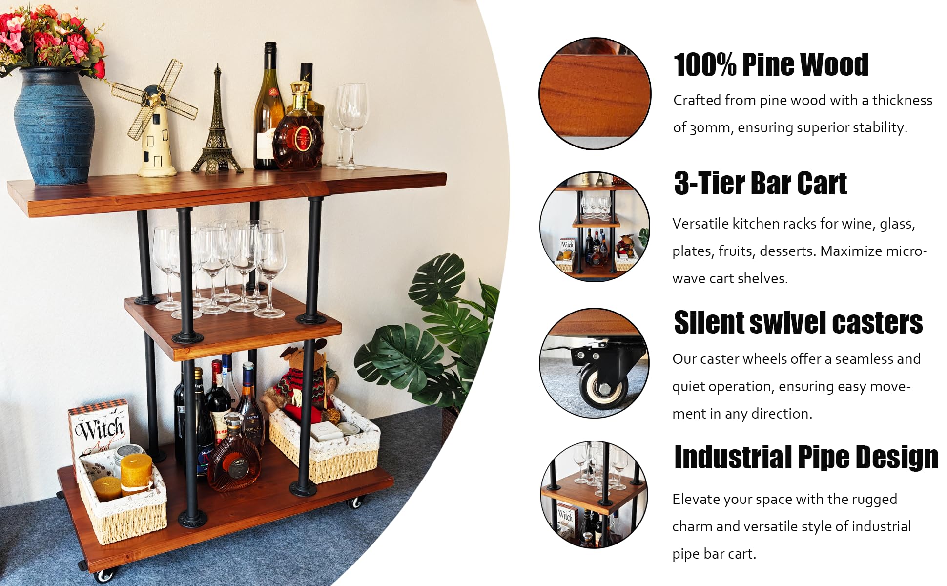 Industrial Bar Cart, Kitchen Bar Cart, Wine Rack Coffee Bar Cart, Serving Cart on Wheels, Storage Rolling Cart,Tea Drink Liquor Shelves,Solid Wood Metal Furniture (AJ01, 36" W x 16" D x 34" H)