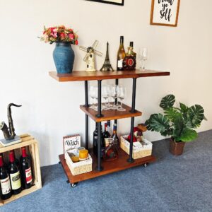 Industrial Bar Cart, Kitchen Bar Cart, Wine Rack Coffee Bar Cart, Serving Cart on Wheels, Storage Rolling Cart,Tea Drink Liquor Shelves,Solid Wood Metal Furniture (AJ01, 36" W x 16" D x 34" H)