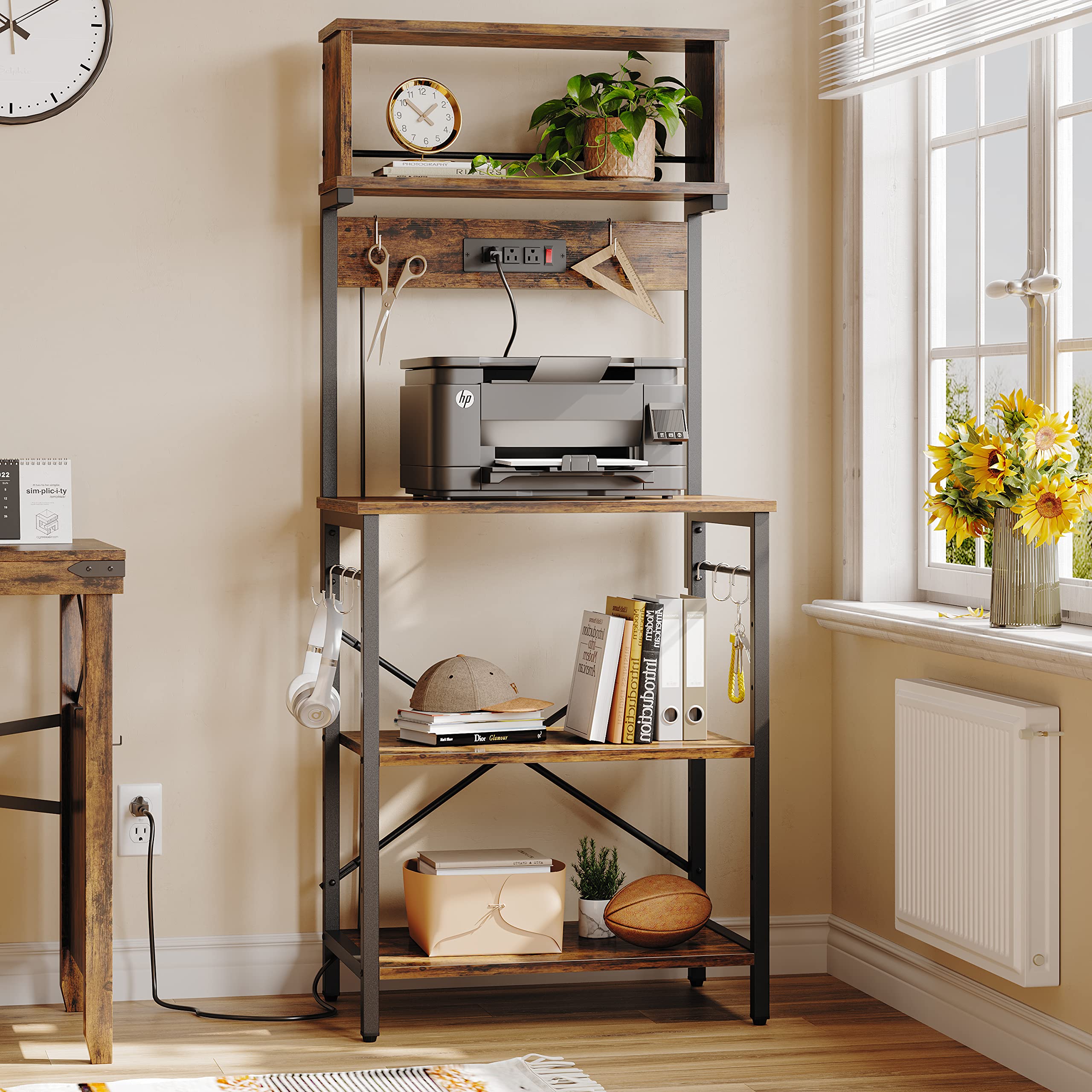 Bestier Bakers Rack with Power Outlets, Height Adjustable Microwave Stand, Kitchen Storage Shelf Rack with 8 S-shaped Hooks, Coffee Bar Table 5 Tiers Rustic