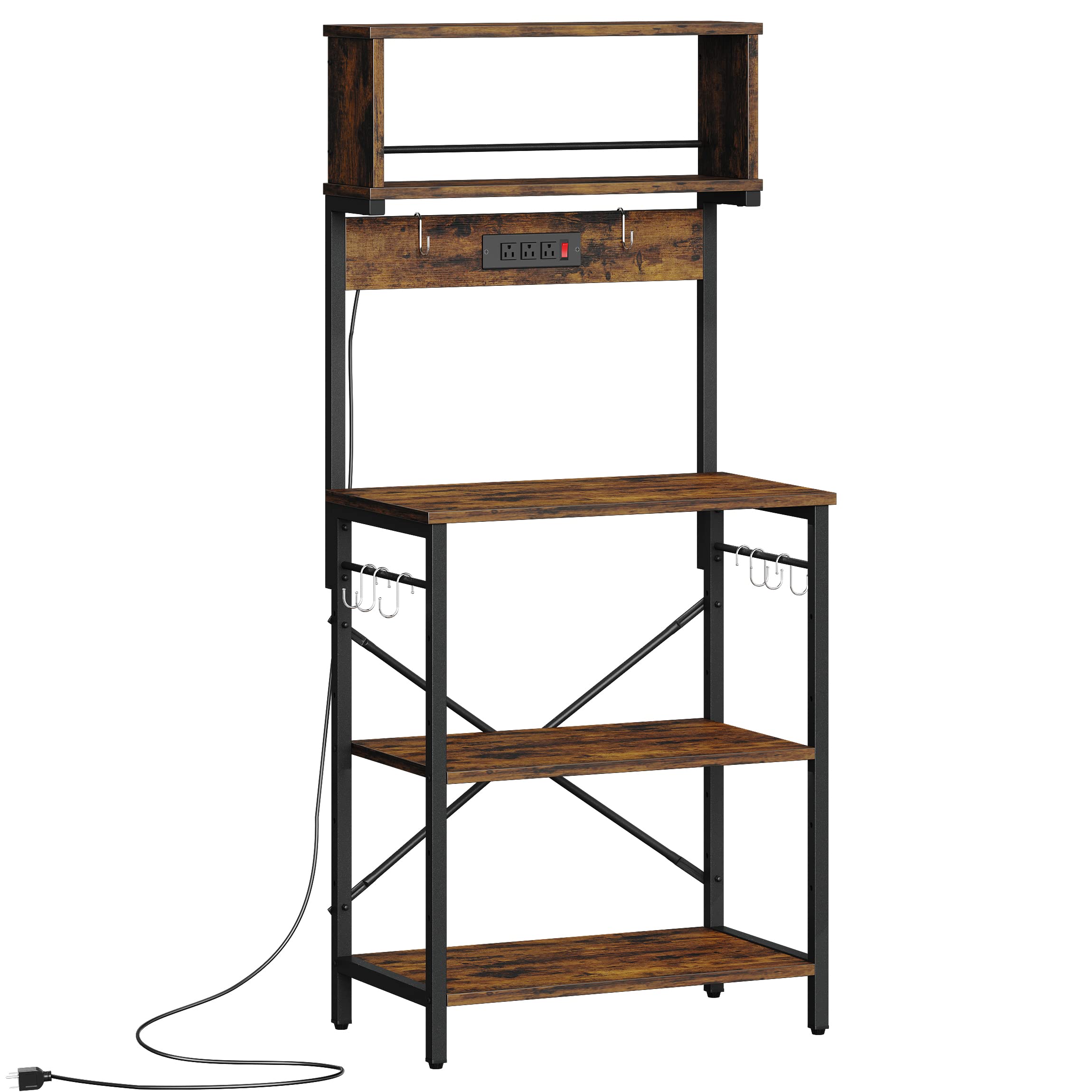 Bestier Bakers Rack with Power Outlets, Height Adjustable Microwave Stand, Kitchen Storage Shelf Rack with 8 S-shaped Hooks, Coffee Bar Table 5 Tiers Rustic