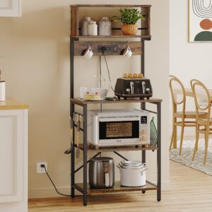 Bestier Bakers Rack with Power Outlets, Height Adjustable Microwave Stand, Kitchen Storage Shelf Rack with 8 S-shaped Hooks, Coffee Bar Table 5 Tiers Rustic