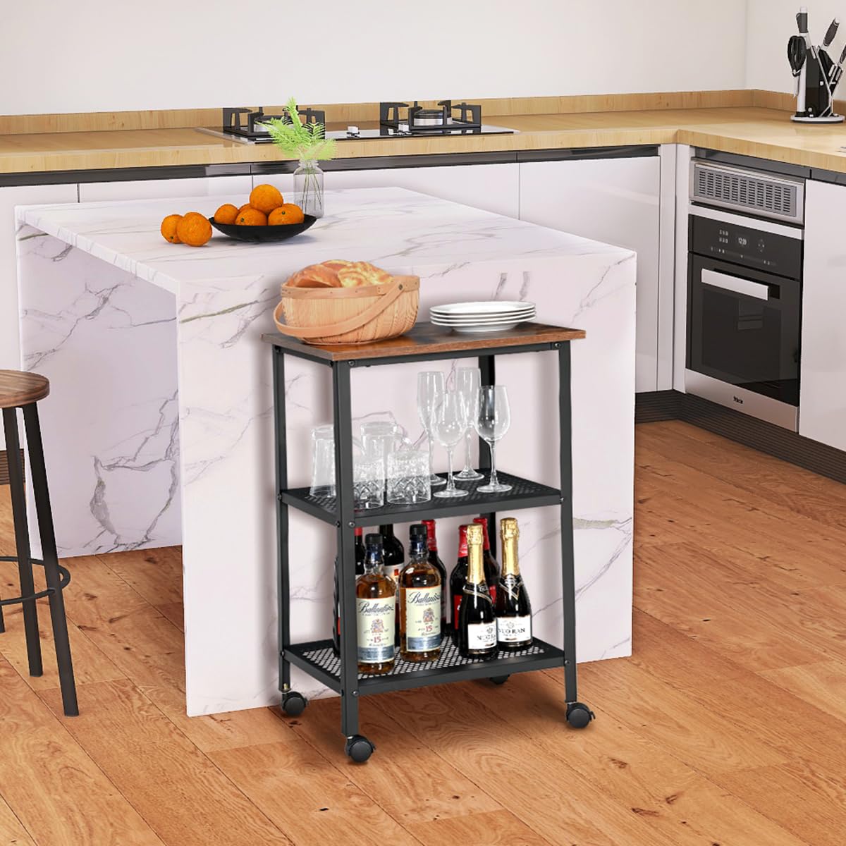 RokiaTek Bar Serving Cart Rolling Kitchen Cart on Wheels 3-Tier Storage Cart with Lockable Wheels, Standing Baker's Racks with Shelves and Steel Frame, Rustic Brown and Black