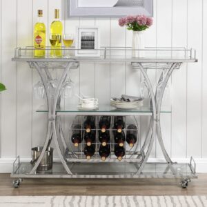 homyshopy bar serving cart with glass holder and wine rack, 3-tier kitchen trolley with tempered glass shelves and chrome-finished metal frame, mobile wine cart for home (silver)