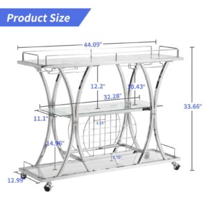 HOMYSHOPY Bar Serving Cart with Glass Holder and Wine Rack, 3-Tier Kitchen Trolley with Tempered Glass Shelves and Chrome-Finished Metal Frame, Mobile Wine Cart for Home (Silver)