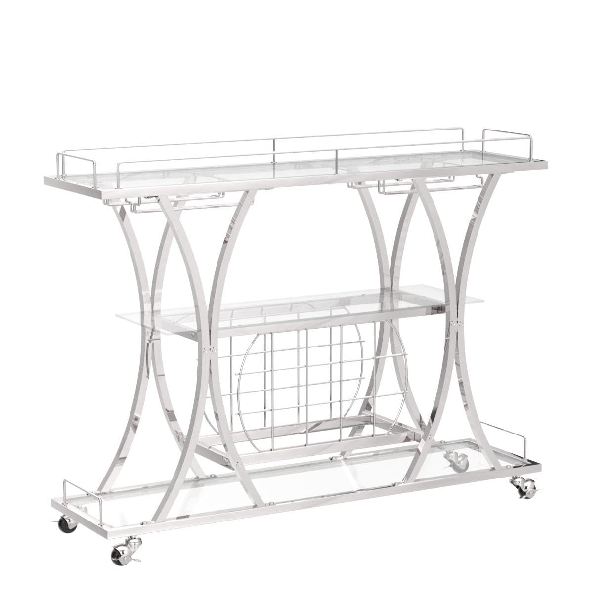 HOMYSHOPY Bar Serving Cart with Glass Holder and Wine Rack, 3-Tier Kitchen Trolley with Tempered Glass Shelves and Chrome-Finished Metal Frame, Mobile Wine Cart for Home (Silver)