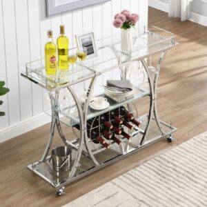 HOMYSHOPY Bar Serving Cart with Glass Holder and Wine Rack, 3-Tier Kitchen Trolley with Tempered Glass Shelves and Chrome-Finished Metal Frame, Mobile Wine Cart for Home (Silver)