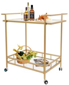 gold bar carts for the home, 2 tier vintage serving bar cart rolling coffee cart bar on wheels, modern wine liquor cart for home kitchen