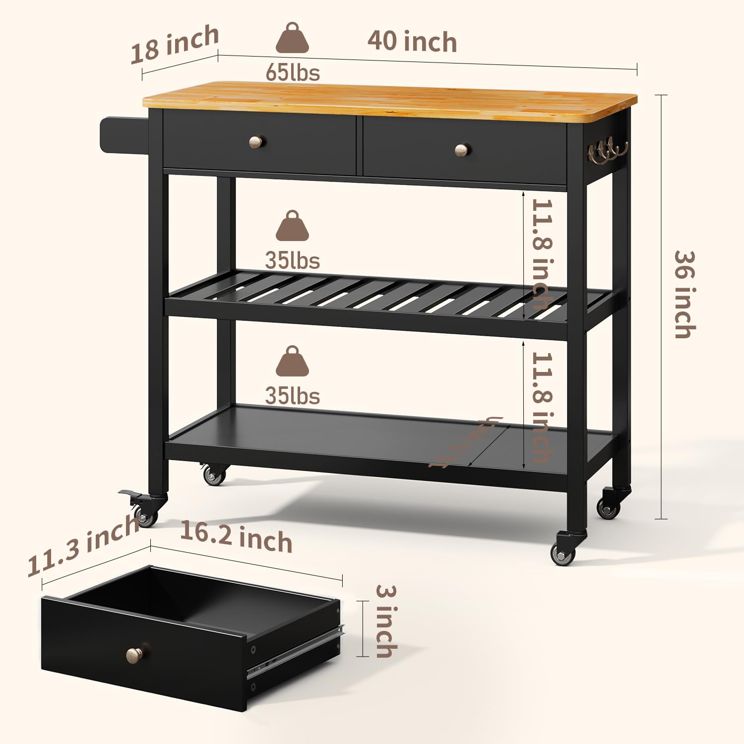 Gizoon Kitchen Island Cart with Storage, 40’’ Wooden Top, 2 Tiers Spacious Shelves and Towel Bar, 2 Drawer Mobile Trolley Cart On Metal Wheels with Hooks for Dining Room, Bar, Outdoor, Black