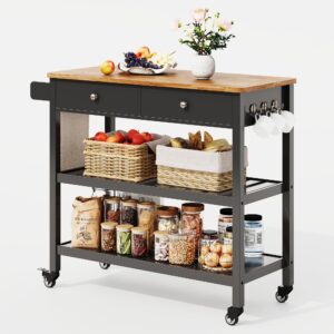 Gizoon Kitchen Island Cart with Storage, 40’’ Wooden Top, 2 Tiers Spacious Shelves and Towel Bar, 2 Drawer Mobile Trolley Cart On Metal Wheels with Hooks for Dining Room, Bar, Outdoor, Black