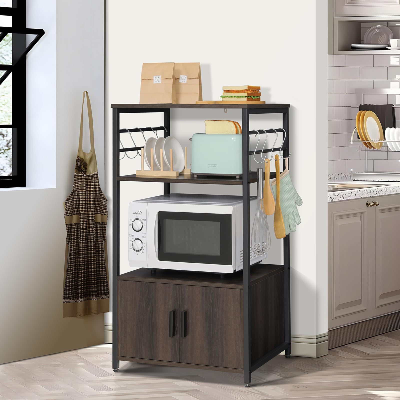 Iwell Baker's Rack, 3 Tiers Coffee Bar with Storage, Microwave Stand, Coffee Station with 8 S-Shaped Hooks, Dark Brown