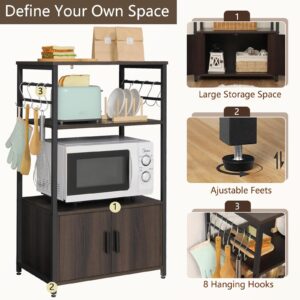 Iwell Baker's Rack, 3 Tiers Coffee Bar with Storage, Microwave Stand, Coffee Station with 8 S-Shaped Hooks, Dark Brown