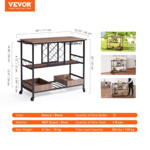 VEVOR Bar Cart, Home Serving Cart, 3 Tiers 300 LBS Industrial Rolling Beverage Station on Lockable Wheels, Mobile Alcohol Drink Cart with Removable Tray Wine Rack Glass Holder for Kitchen Dining Room