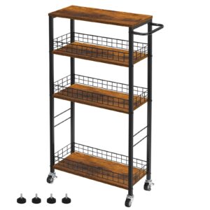 ybing slim storage cart 4 tier kitchen rolling cart on wheels mobile narrow cart with wooden tabletop slide out utility cart for bathroom laundry narrow places rustic brown 16.5''l x 7.3''w x 34.6''h