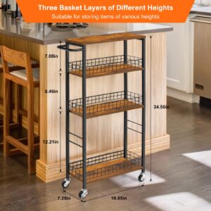 YBING Slim Storage Cart 4 Tier Kitchen Rolling Cart on Wheels Mobile Narrow Cart with Wooden Tabletop Slide Out Utility Cart for Bathroom Laundry Narrow Places Rustic Brown 16.5''L X 7.3''W X 34.6''H