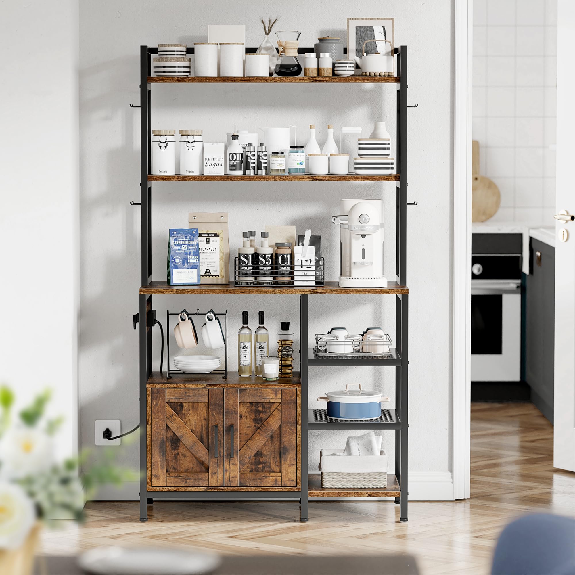 EnHomee Bakers Racks for Kitchens with Power Outlet, 6-Tier Microwave Stand with Storage Cabinet, Farmhouse Kitchen Coffee Bar with Side Hooks, Utility Shelf for Kitchens