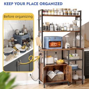 EnHomee Bakers Racks for Kitchens with Power Outlet, 6-Tier Microwave Stand with Storage Cabinet, Farmhouse Kitchen Coffee Bar with Side Hooks, Utility Shelf for Kitchens