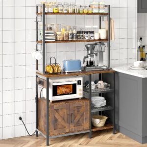 EnHomee Bakers Racks for Kitchens with Power Outlet, 6-Tier Microwave Stand with Storage Cabinet, Farmhouse Kitchen Coffee Bar with Side Hooks, Utility Shelf for Kitchens